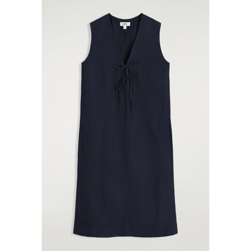 H&M - MIDI ŠATY S UVÁZÁNÍM V PASE Z LNIANÉ SMĚSI - modrá 108130006
