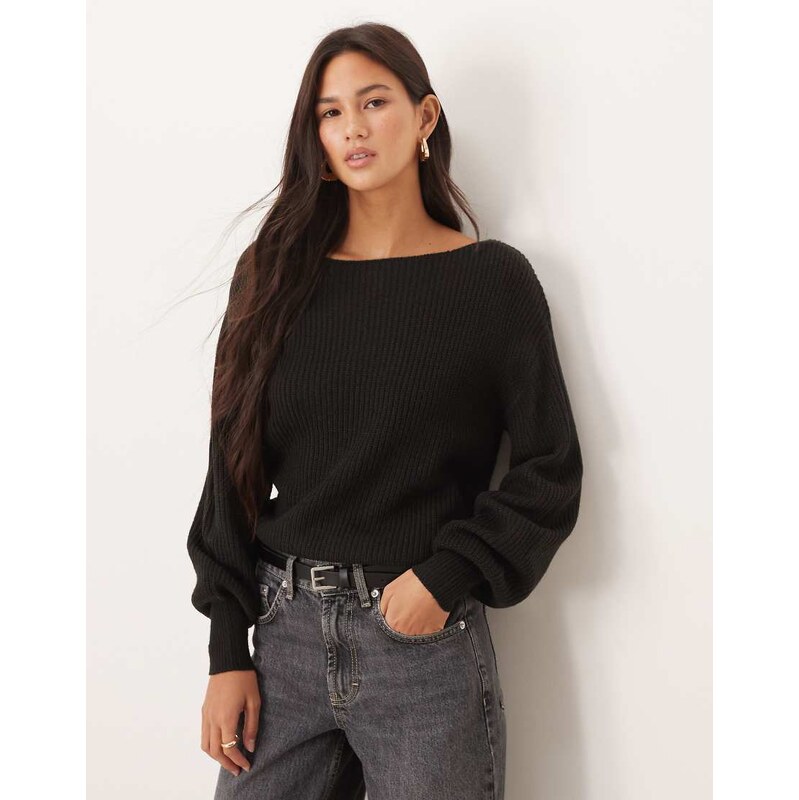 Threadbare knitted boat neck jumper with baloon sleeve in black 115514822