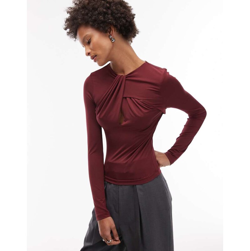 ASOS DESIGN slinky cut out twist detail long sleeve top in burgundy 115515020