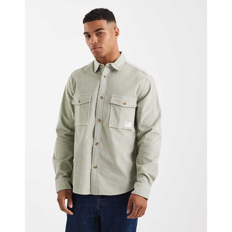 ASOS DESIGN cord overshirt with workwear badge in sage green