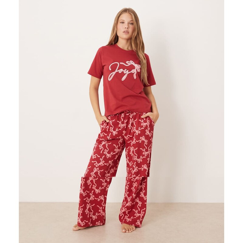 Threadbare short sleeve joy print pyjamas with pattern trouser in pink 110312432