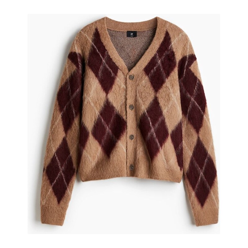 H&M - Huňatý propínací svetr Loose Fit - Béžová/Vzor Argyle
