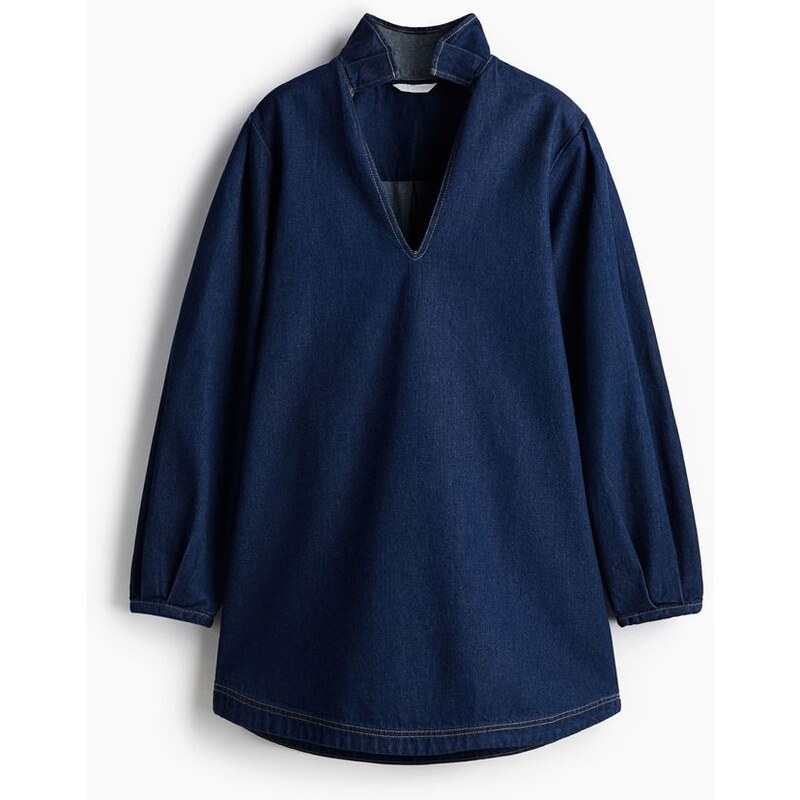 H&M - Džínové šatys řaseným límečkem - Tmavý Denim Blue