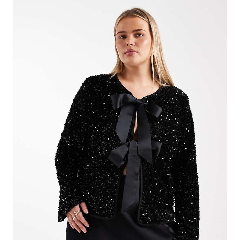 ONLY Curve sequin velvet tie front top in black