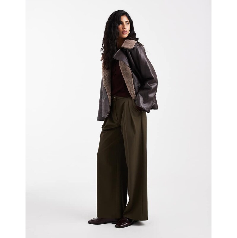 Vero Moda borg collar faux leather coat in chocolate brown 110323184