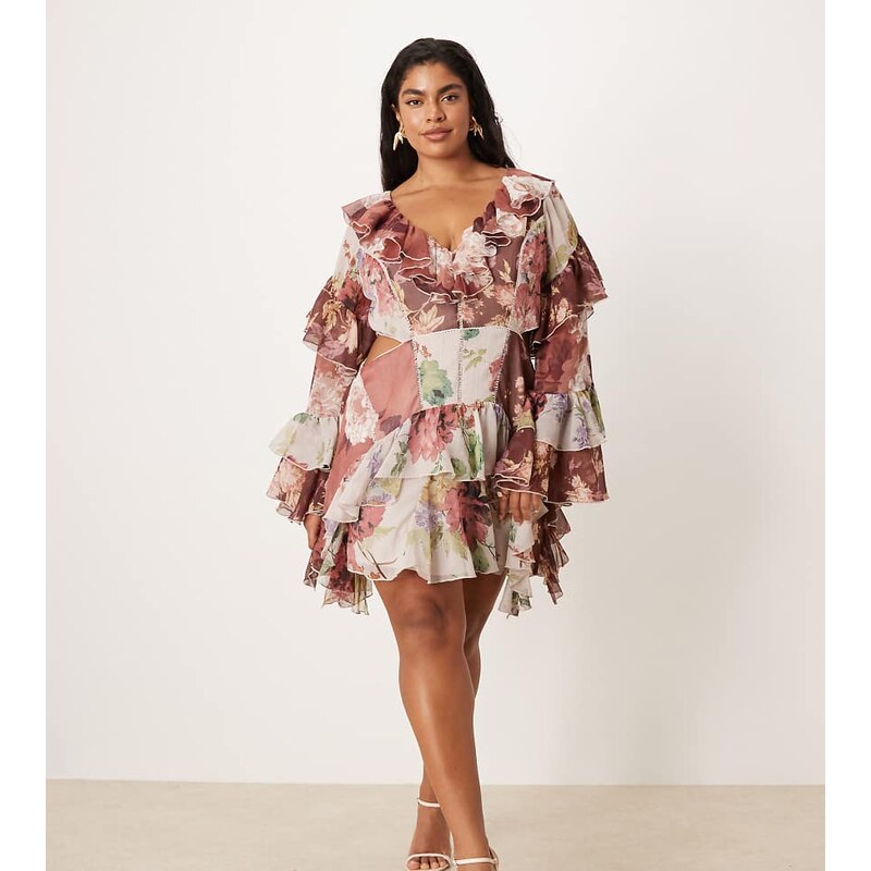 ASOS Curve ASOS DESIGN Curve ruffle godet flare sleeve cutout mini 110558381