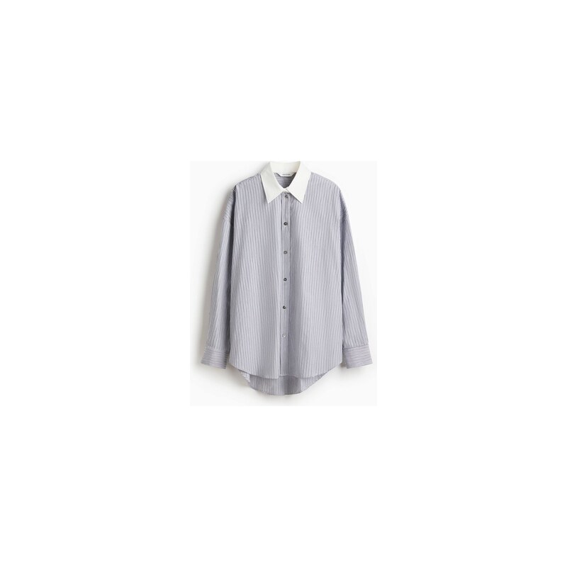 H&M - Oversized popelínová košile - Světle Šedá/Proužky