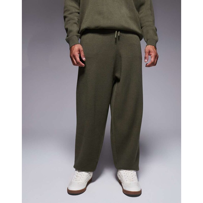 ASOS DESIGN oversized knitted cuffed joggers in khaki-Green