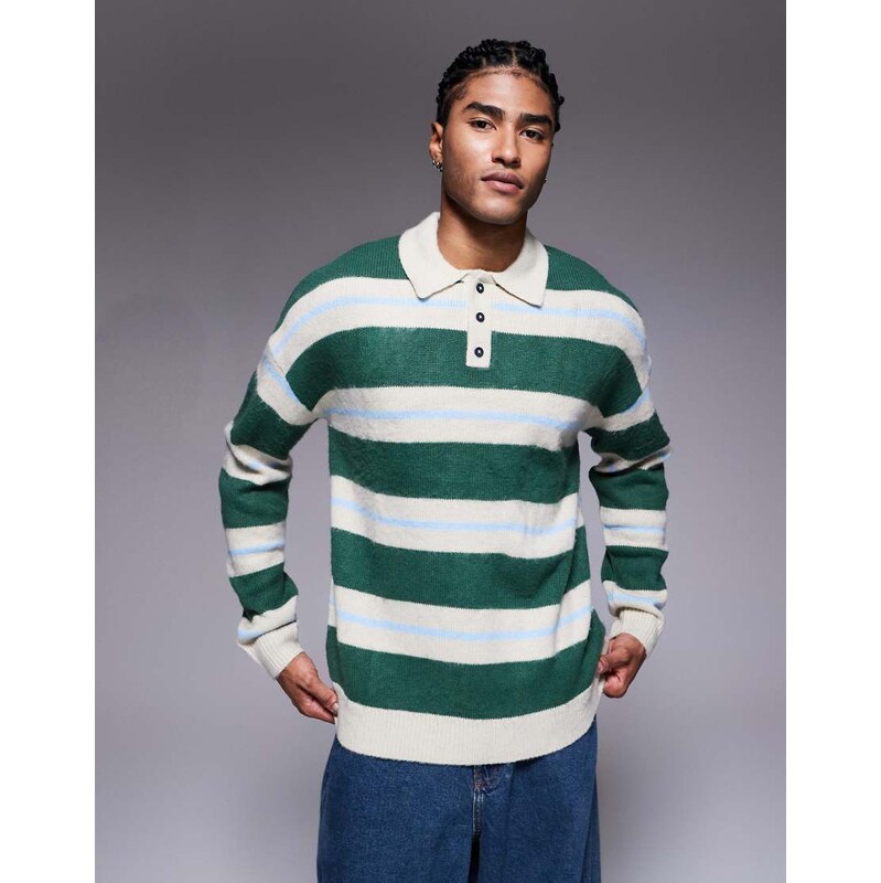 ASOS DESIGN relaxed knitted polo jumper in blue and green stripe