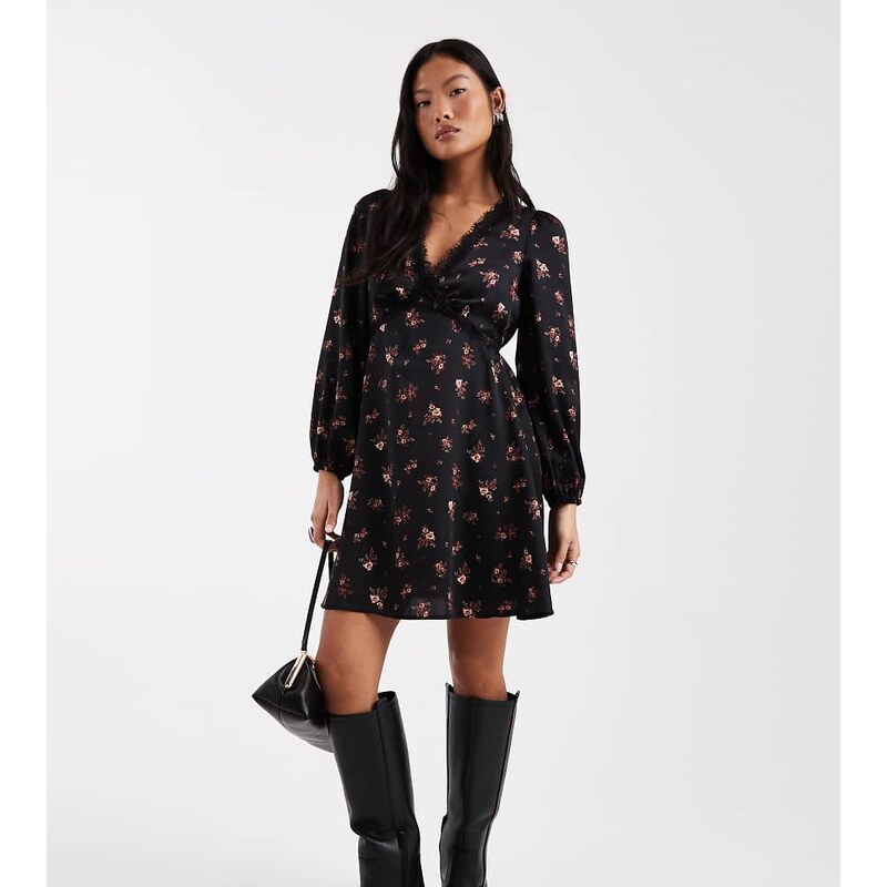 New Look Petite lace trim satin mini dress in black floral