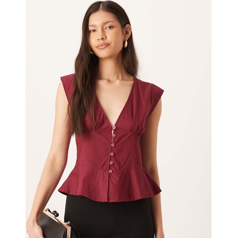 Motel Devlin v neck poplin blouse in burgundy-Red 115684630