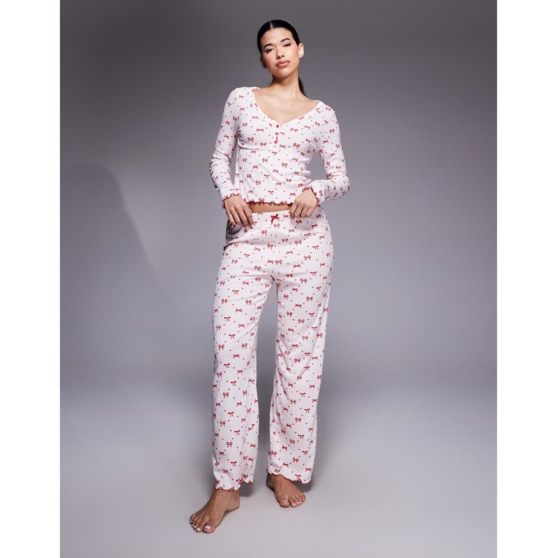 River Island jersey bow print pyjamas in light pink 110579109