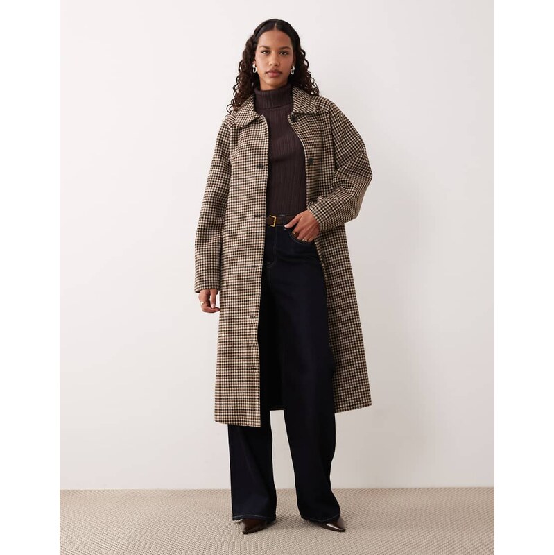 JDY belted longline coat with wool in brown checks