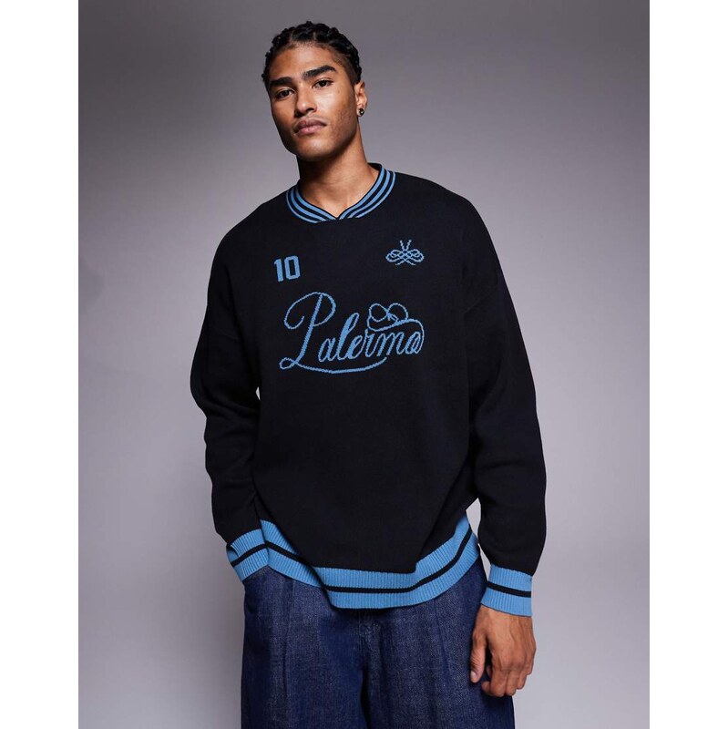ASOS DESIGN oversized knitted high v-neck jumper with Palermo sports print in black
