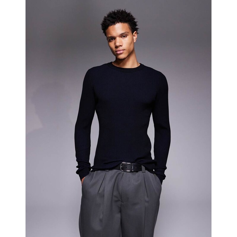ASOS DESIGN muscle fit knitted blue plated rib t-shirt in black