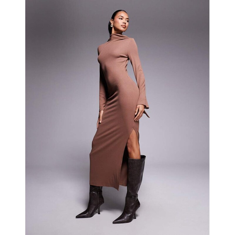 ASOS DESIGN scarf detail fluted sleeve midi dress in brown 115514795