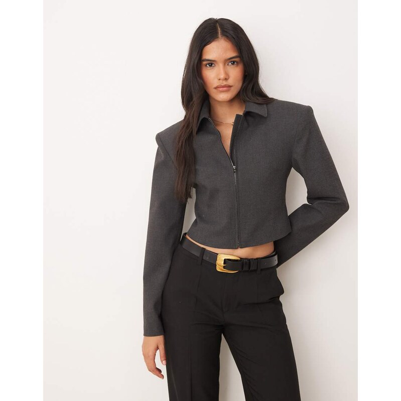 ASOS DESIGN tailored crop cinch zip through jacket in charcoal
