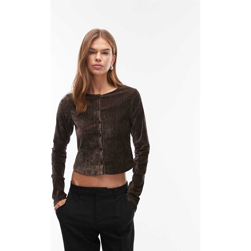 ASOS DESIGN textured velvet button through top in chocolate