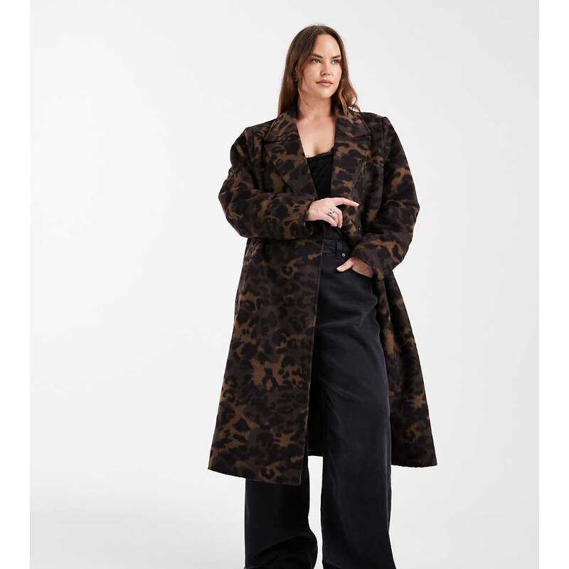 ONLY Curve textured maxi coat in brown animal print-Black 110323073