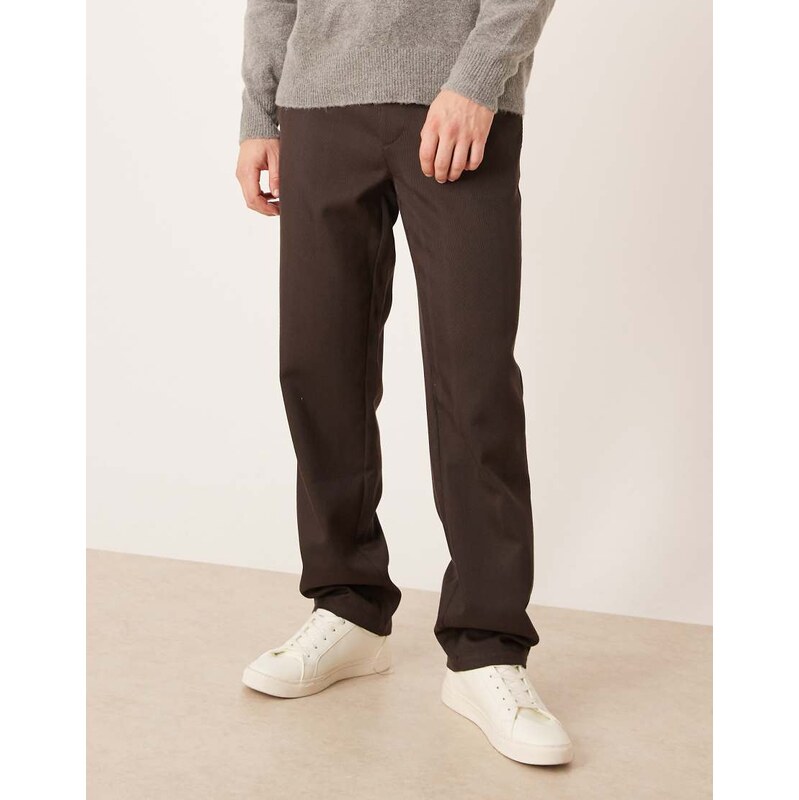 ASOS DESIGN straight trousers in brown herringbone with belt tie