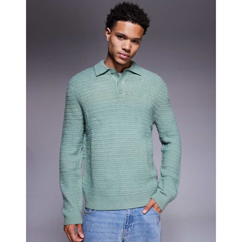 ASOS DESIGN knitted textured polo in sage-Green