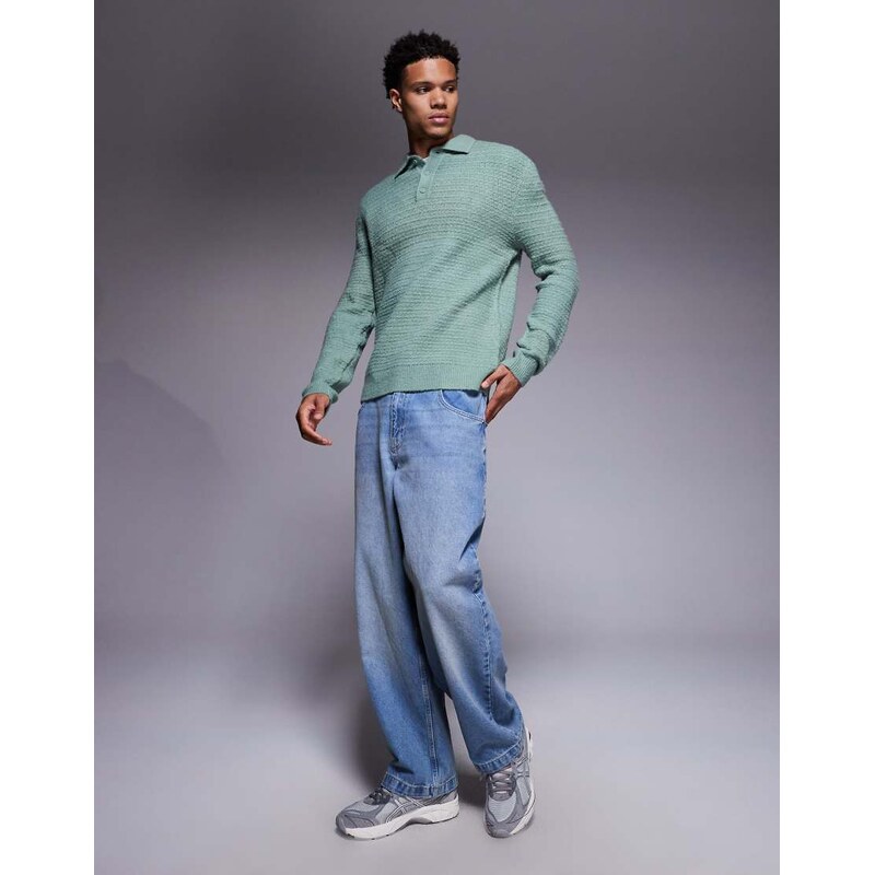 ASOS DESIGN knitted textured polo in sage-Green