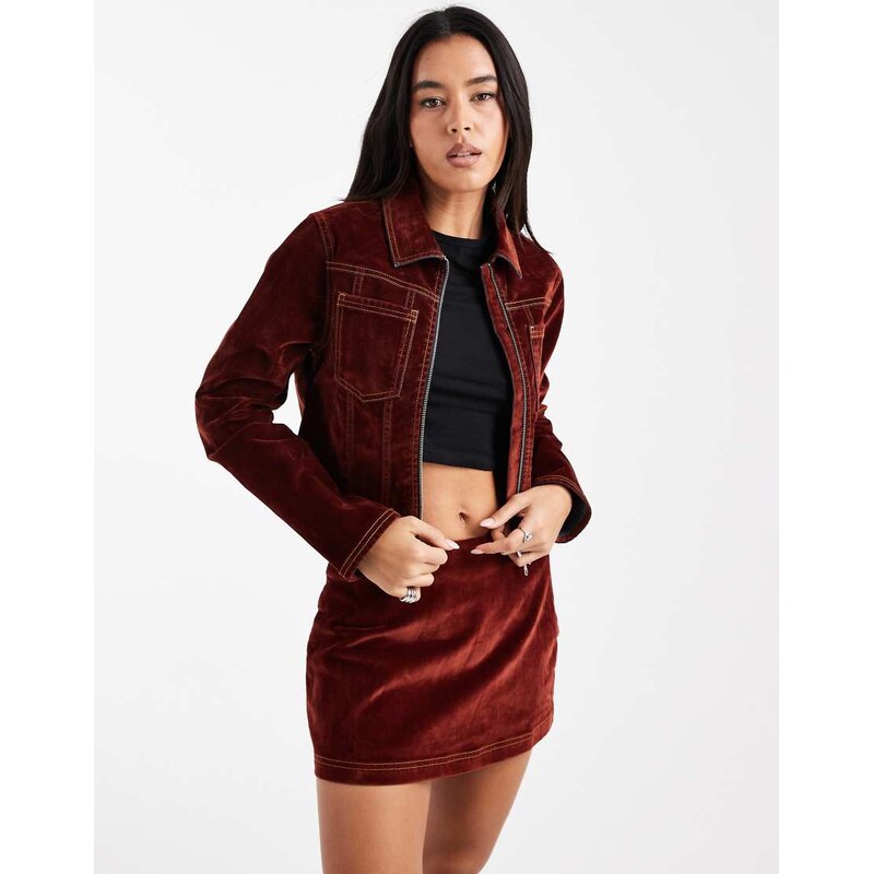 COLLUSION co-ord flocked denim jacket with contrast stitch in burnt 110323123