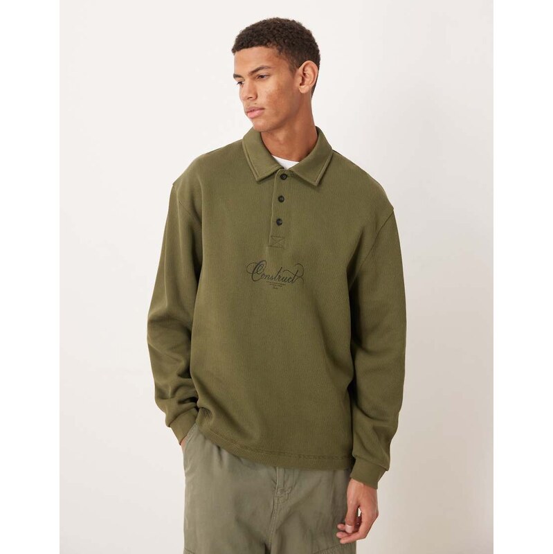 ASOS DESIGN polo sweatshirt in rib fabric with text print and