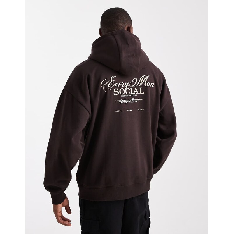 Threadbare back print jersey hoodie in chocolate brown