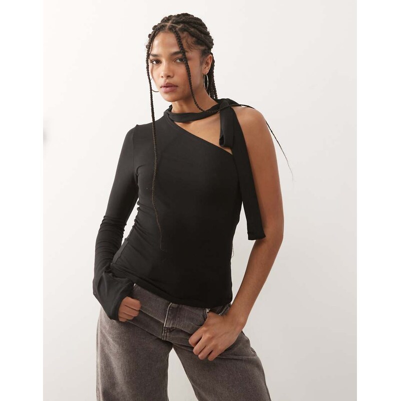 Weekday one shoulder halter neck long sleeve top in black