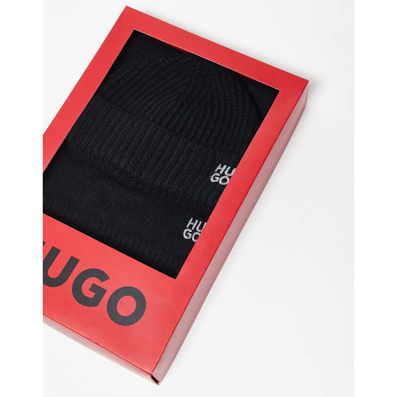 HUGO Red beanie and scarf set in black 110323091