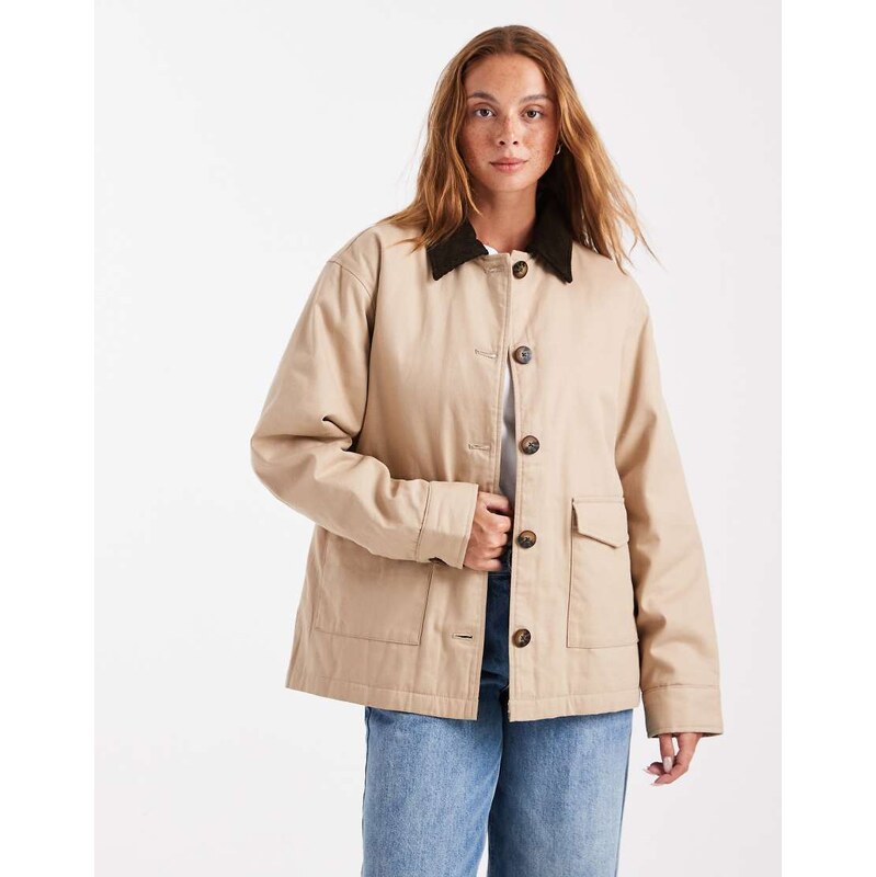 Brave Soul canvas barn jacket with cord collar in stone-Neutral