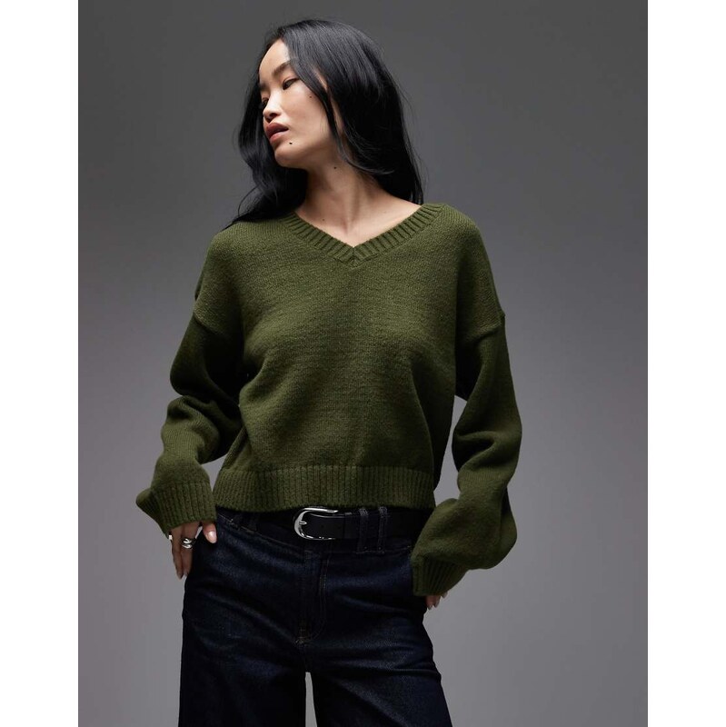 ASOS DESIGN knitted wide sleeve v neck jumper in khaki-Green