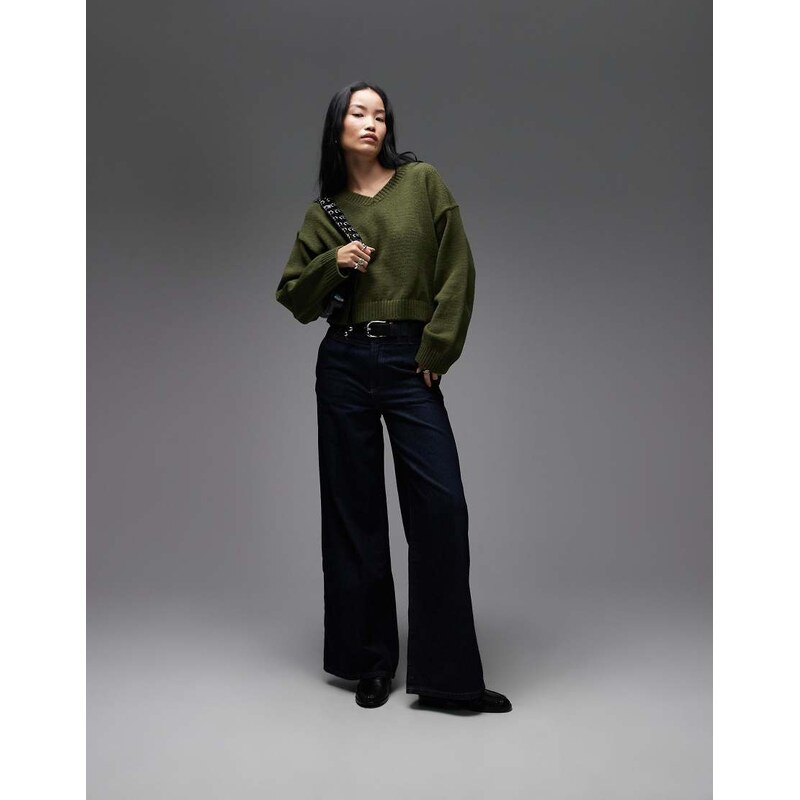 ASOS DESIGN knitted wide sleeve v neck jumper in khaki-Green