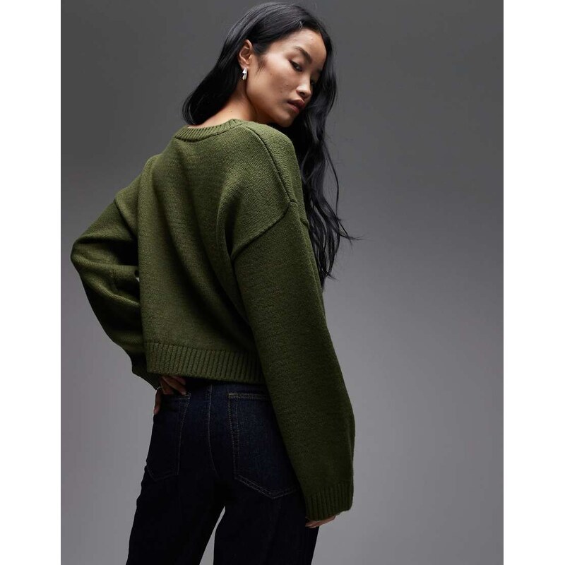 ASOS DESIGN knitted wide sleeve v neck jumper in khaki-Green