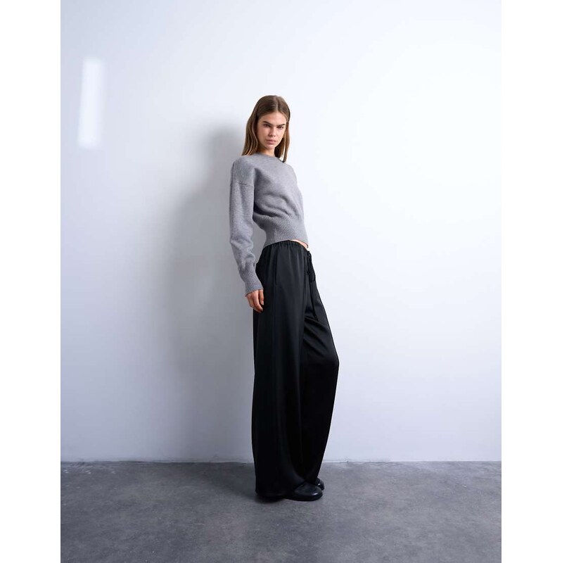Topshop satin tie waist wide leg trouser with pintuck seam