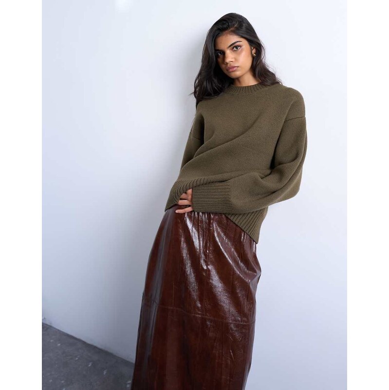 Topshop knitted chunky all needle clean crew jumper in khaki-Green 115513745