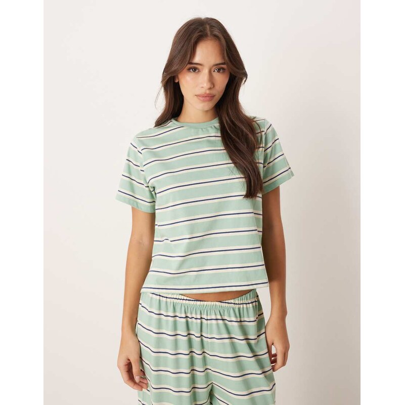 ASOS DESIGN mix & match side split pyjama tee in sage & blue Stripe 112242853