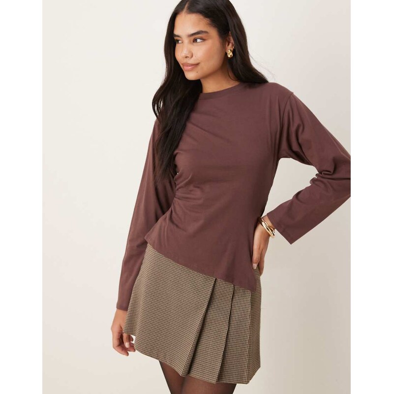 ASOS DESIGN waisted side spilt hem long sleeve tee in brown