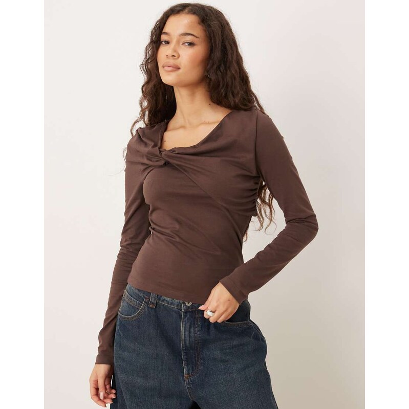ASOS DESIGN Circular Design Collection twist neck detail long sleeve tee in brown