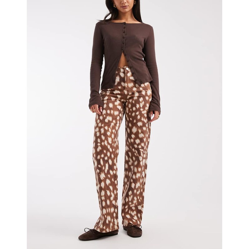 Vero Moda Tessa high waist wide leg jeans in deer print-Brown