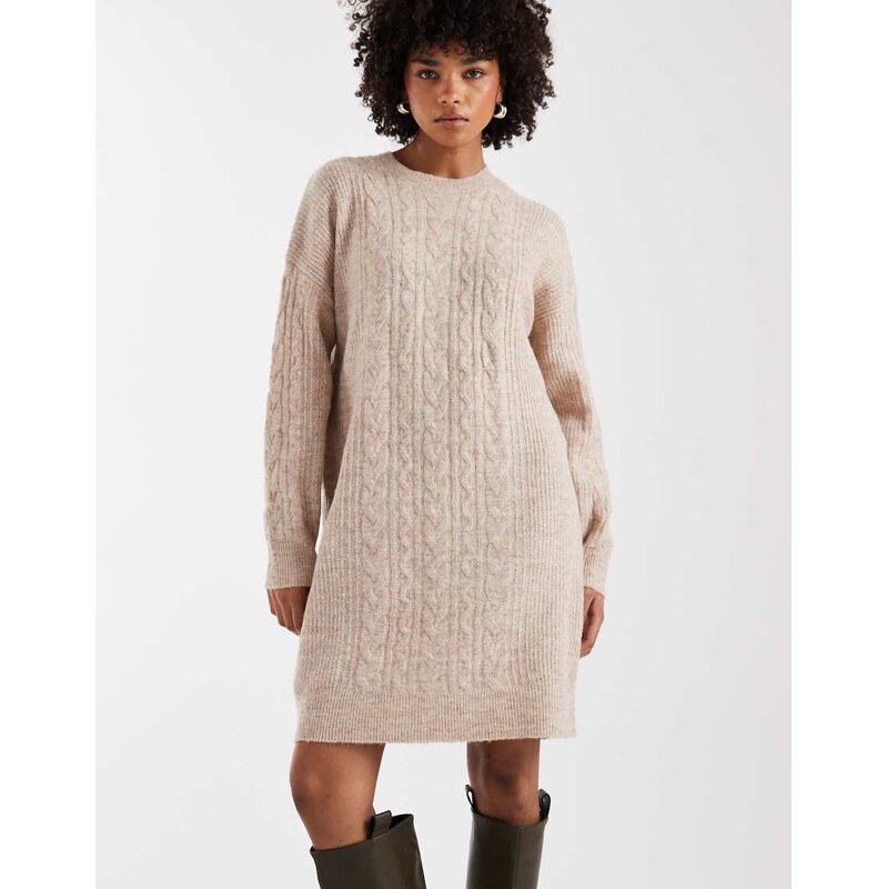 Pieces cable knitted mini dress in beige melange-Neutral