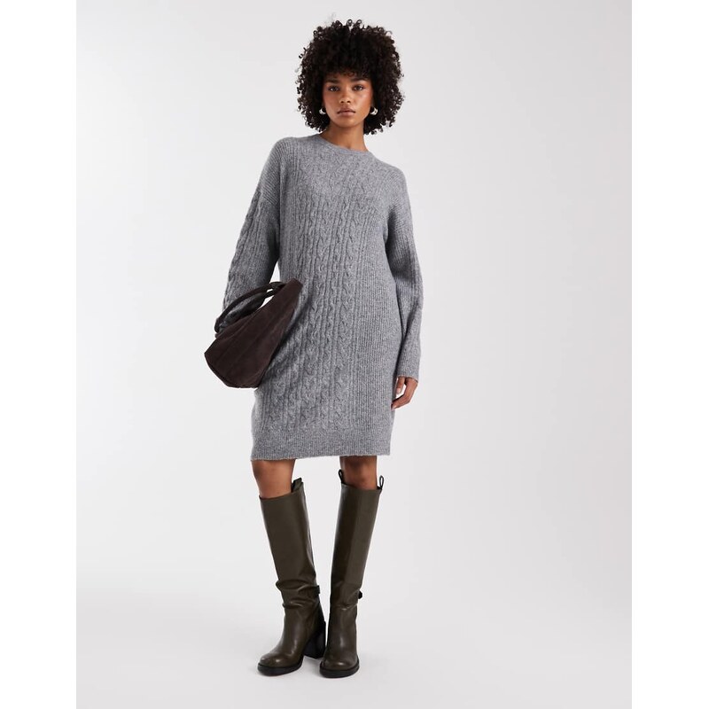 Pieces cable knitted mini dress in medium grey melange