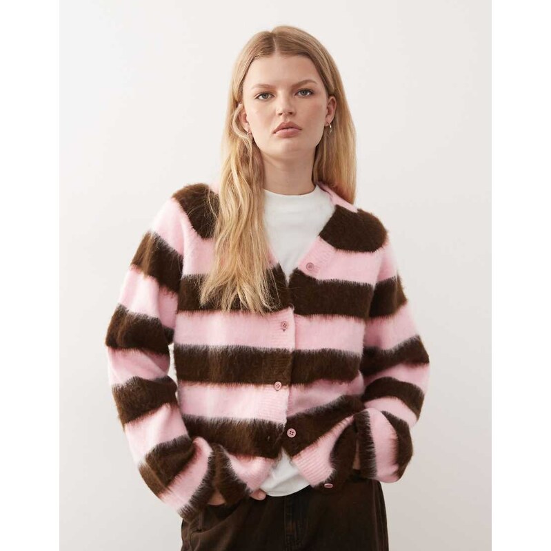 Reclaimed Vintage slouchy oversized v-neck cardigan in pink and