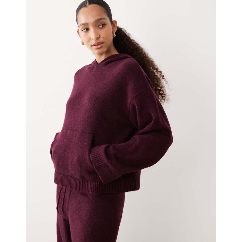 ASOS DESIGN fluffy knitted oversized hoodie co-ord in plum-Red 113263752