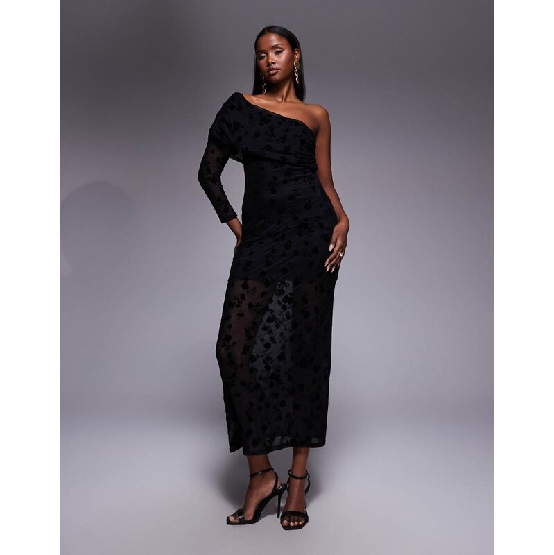 ASOS DESIGN one shoulder ruched flocked floral mesh maxi dress