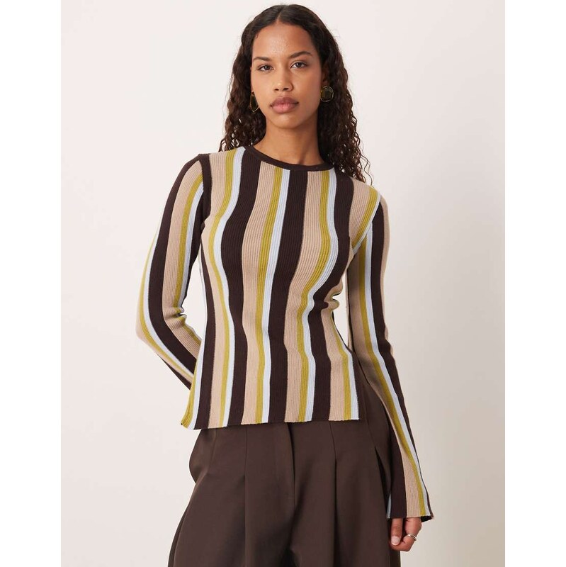 ASOS DESIGN fine knit top with flare sleeve in olive stripe-Multi 110353302