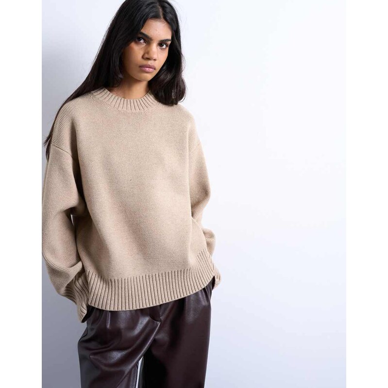 Topshop knitted chunky all needle clean crew jumper in oat