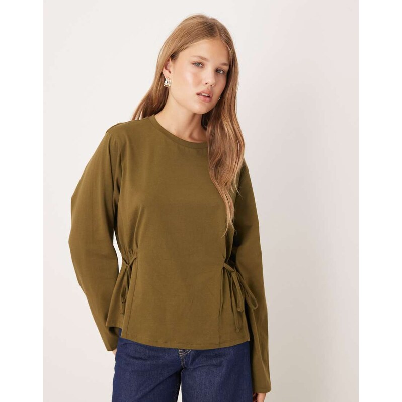 ASOS DESIGN tie waisted detail long sleeve top in khaki-Multi