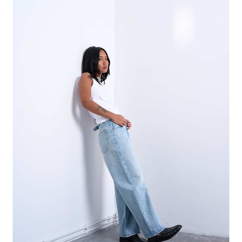 Topshop Petite Cinch low rise relaxed jean in bleach-Blue